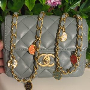 Chanel Quilted Green Leather Casino Royale Small Square Bag Chip Charms
